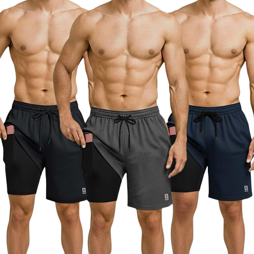 Kit 3 Shorts Masculino 2 Em 1 Bermuda Para Treino Bolso Interno Compressão